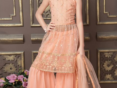 Kids Wedding Designer Peach Pure Finest Soft Net Sharara Suit - Aaradhna Hot on Sale