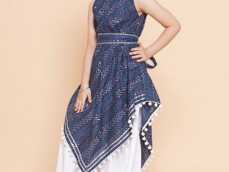 Girls Navy Blue Printed With Lace Handkerchief Style Kurta With Sharara for Kids - Bhama Hot on Sale