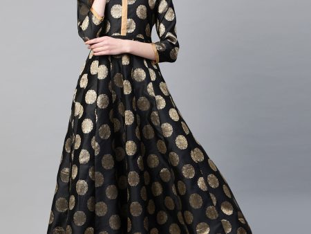 Women s Black and Golden Ethnic Motifs Printed Brocade Raw Silk Anarkali Kurta - Bhama Online Sale