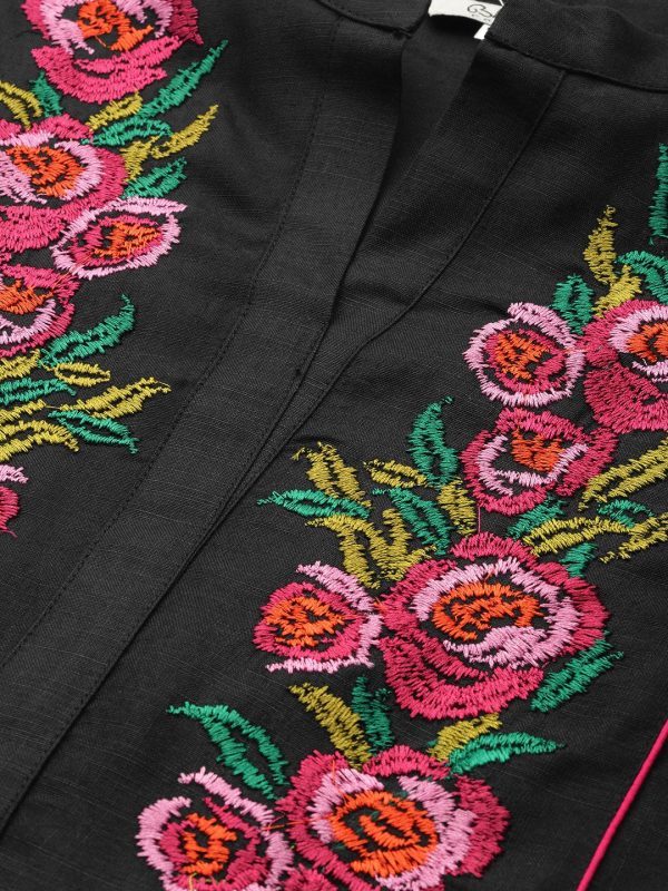 Women s Black & Pink Floral Embroidered Yoke Design Straight Kurta - Bhama For Discount