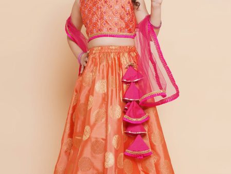 Girls Peach Mirror Embroidered Lace Detailed Choli With Lehenga And Dupatta for Kids - Bhama on Sale