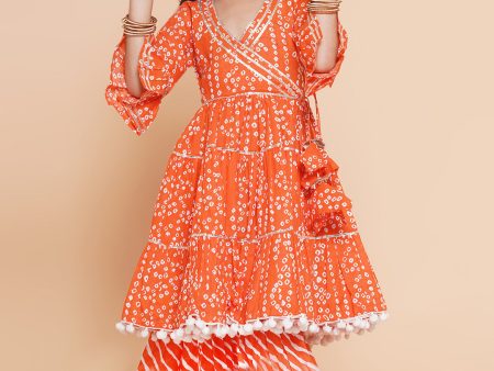 Girls Orange Bandhani Printed With Gotta Patti Lace Kurta With Sharara for Kids - Bhama Fashion