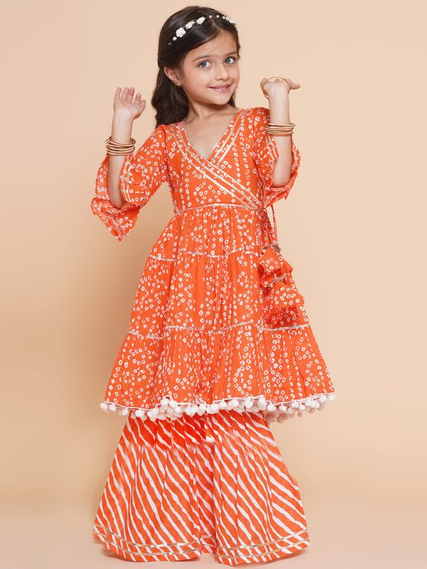 Girls Orange Bandhani Printed With Gotta Patti Lace Kurta With Sharara for Kids - Bhama Fashion