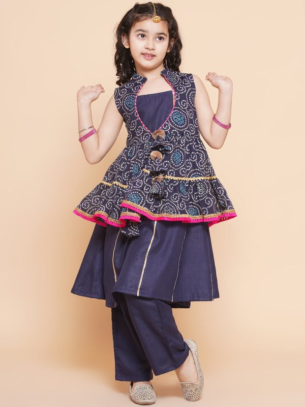 Girls Navy Blue Kurta Set With Shrug for Kids - Bhama For Discount