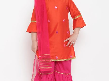 Girls Orange & Pink Embroidered Kurta With Palazzos & Dupatta for Kids - Bhama For Sale