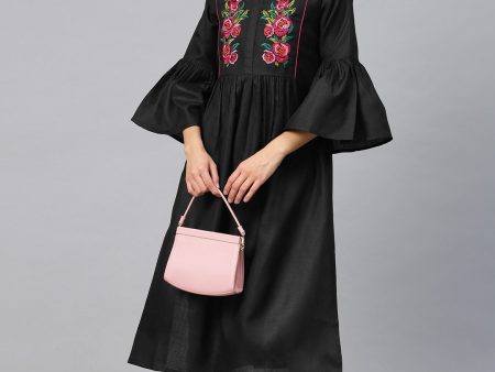 Women s Black & Pink Floral Embroidered Yoke Design Straight Kurta - Bhama For Discount