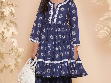 Girls Navy Bandhani Printed With Cotton Lace Kurta With Sharara for Kids - Bhama Sale