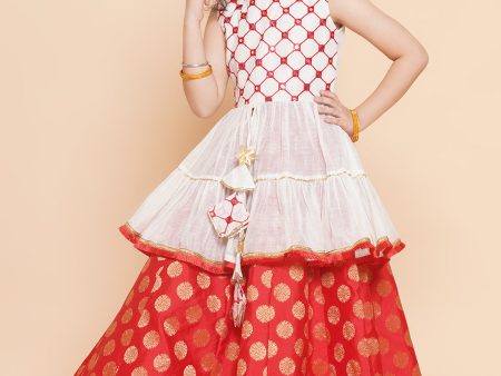 Girls Off White Mirror Embroidered Lace Work Choli With Red Woven Lehenga for Kids - Bhama Online Hot Sale