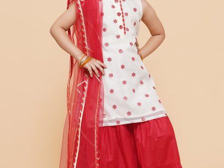 Girls Off White Embroidered Kurta With Sharara With Dupatta for Kids - Bhama Cheap