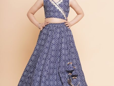 Girls Navy Bandhej Printed Lace Work Ready To Wear Choli With Lehenga for Kids - Bhama Online Sale