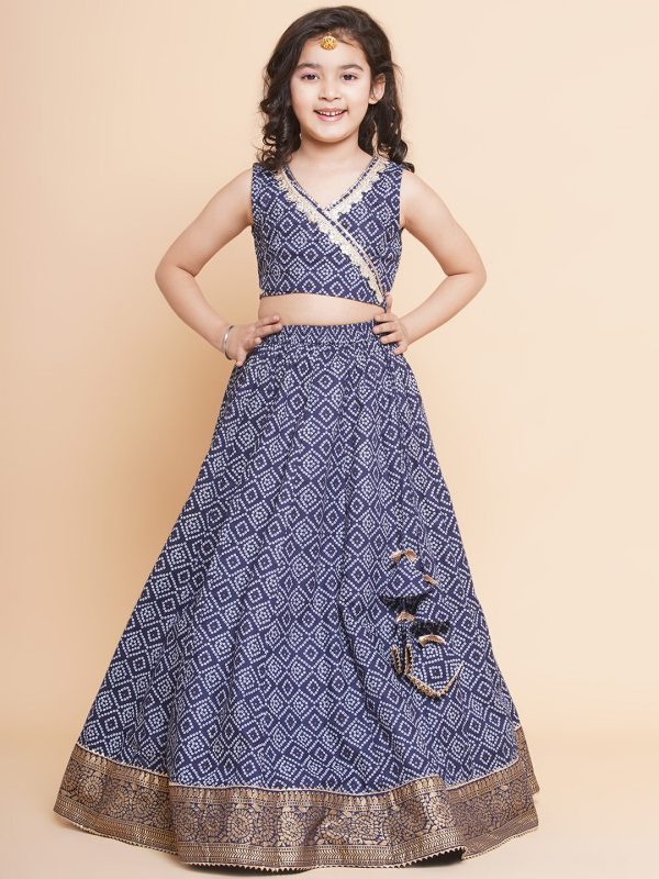 Girls Navy Bandhej Printed Lace Work Ready To Wear Choli With Lehenga for Kids - Bhama Online Sale