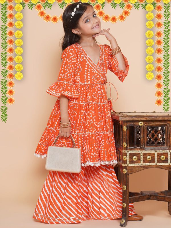 Girls Orange Bandhani Printed With Gotta Patti Lace Kurta With Sharara for Kids - Bhama Fashion