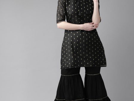 Women s Black & Golden Woven Design Kurta with Sharara - Bhama on Sale