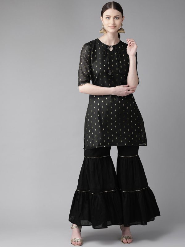 Women s Black & Golden Woven Design Kurta with Sharara - Bhama on Sale