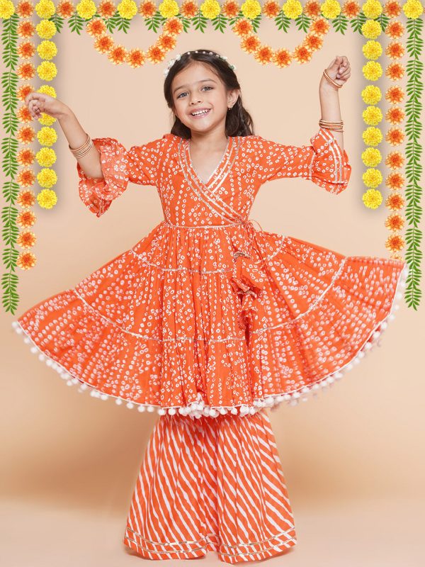 Girls Orange Bandhani Printed With Gotta Patti Lace Kurta With Sharara for Kids - Bhama Fashion