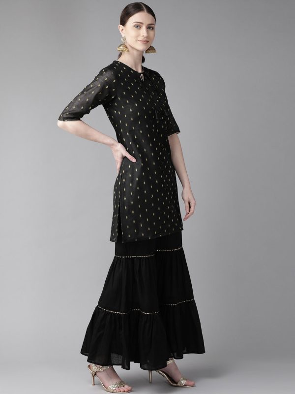 Women s Black & Golden Woven Design Kurta with Sharara - Bhama on Sale