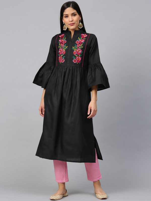 Women s Black & Pink Floral Embroidered Yoke Design Straight Kurta - Bhama For Discount