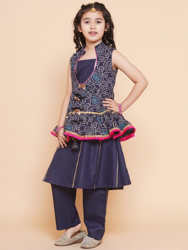 Girls Navy Blue Kurta Set With Shrug for Kids - Bhama For Discount