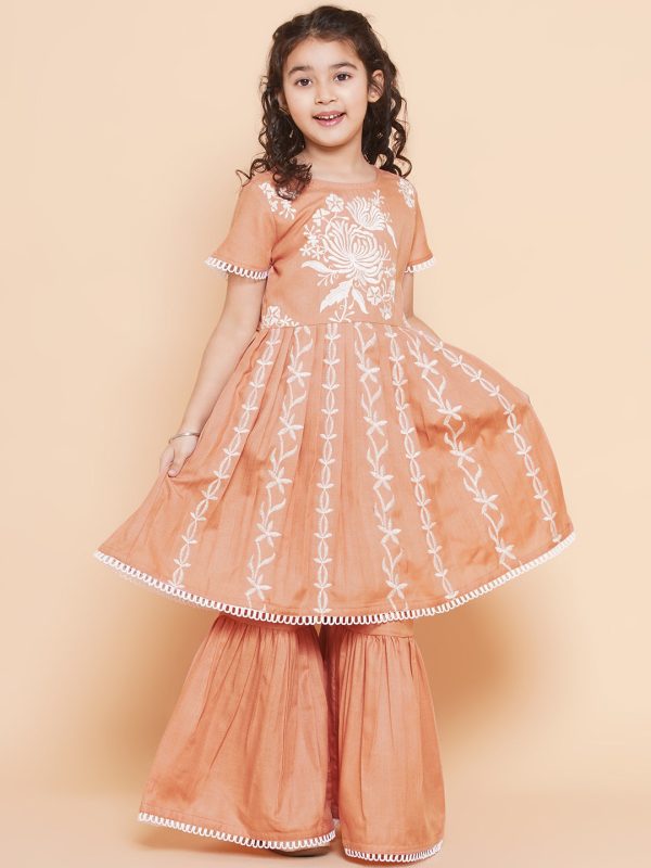 Girls Peach Floral Embroidered Kurta With Sharara for Kids - Bhama Sale