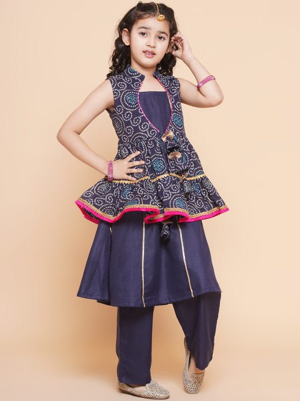 Girls Navy Blue Kurta Set With Shrug for Kids - Bhama For Discount