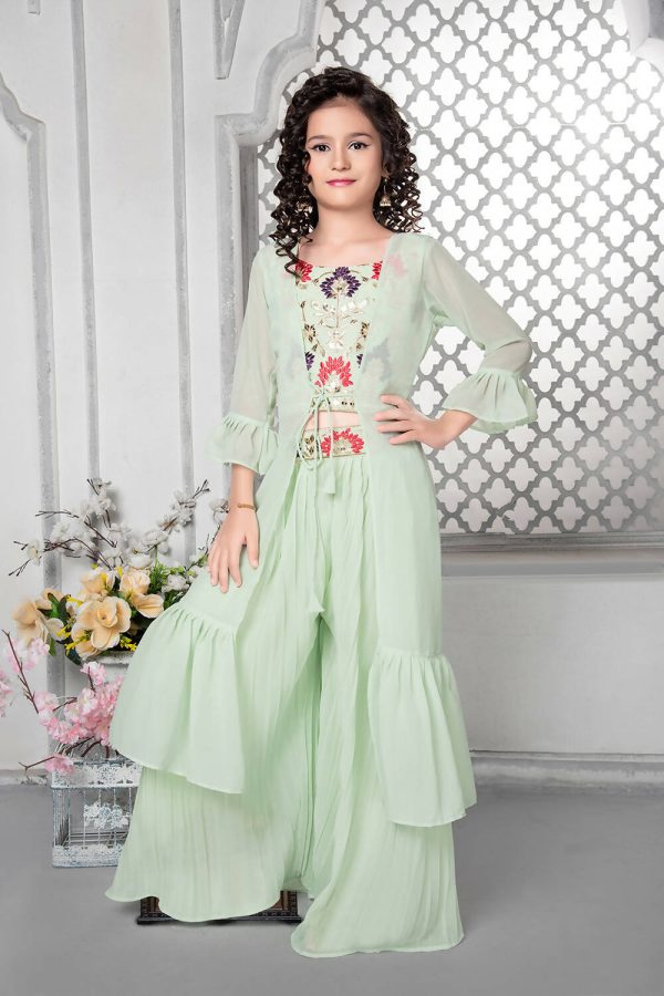 Kids Wedding Designer Aqua Fox Georgette Palazzo Suit - Aaradhna For Discount