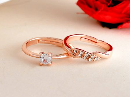 VOJ Stainless Steel Cubic Zirconia Rose Gold Plated Adjustable Ring Set for Couple Online Sale