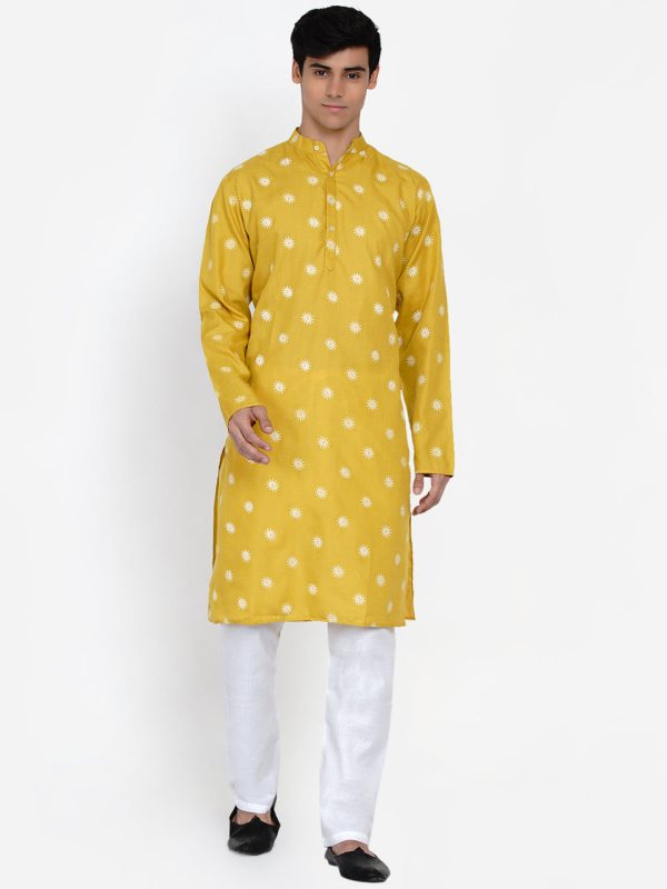 Men Mustard Yellow Embroidered Angrakha Kurta with Pyjamas - Bhama Hot on Sale