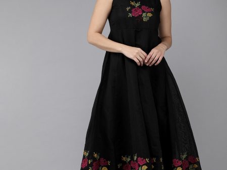 Women s Black Embroidered Chanderi Silk Maxi Dress - Bhama Sale