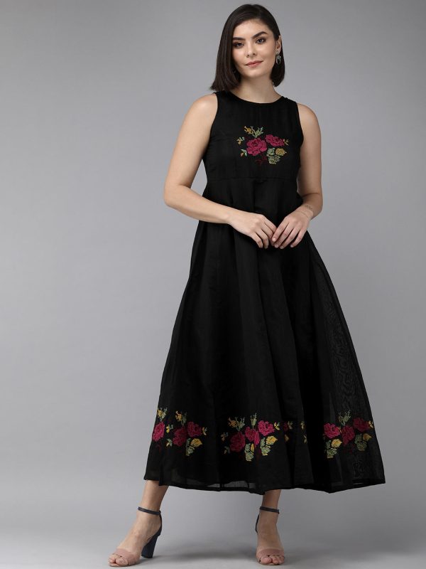 Women s Black Embroidered Chanderi Silk Maxi Dress - Bhama Sale