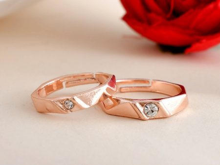 VOJ Stainless Steel Cubic Zirconia Rose Gold Plated Adjustable Ring Set for Couple For Sale