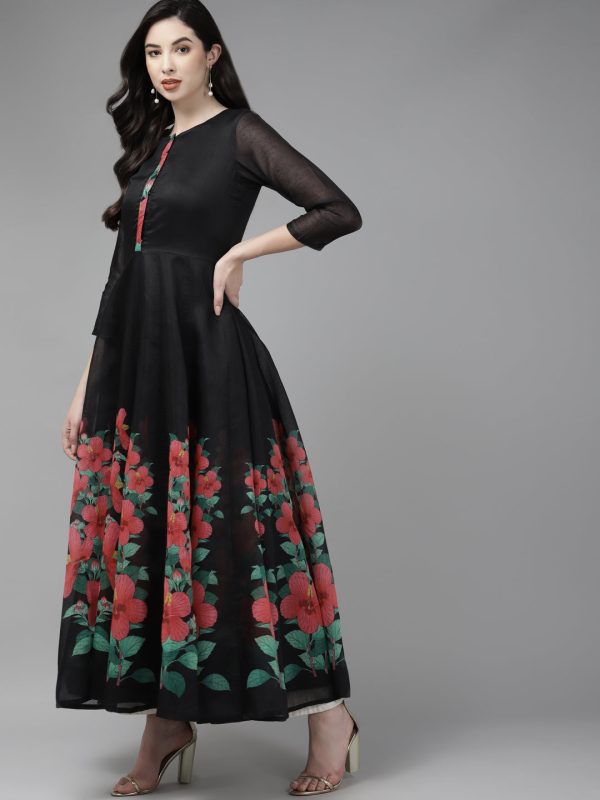 Women s Black Floral Printed Chanderi Silk Anarkali Kurta With Dupatta - Bhama Online now