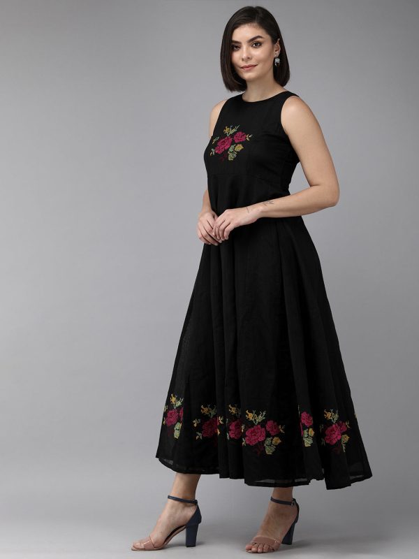 Women s Black Embroidered Chanderi Silk Maxi Dress - Bhama Sale