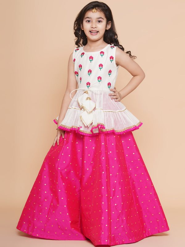 Girls Off White Embroidered Lace Work Choli With Pink Woven Booti Lehenga for Kids - Bhama Fashion