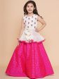 Girls Off White Embroidered Lace Work Choli With Pink Woven Booti Lehenga for Kids - Bhama Fashion