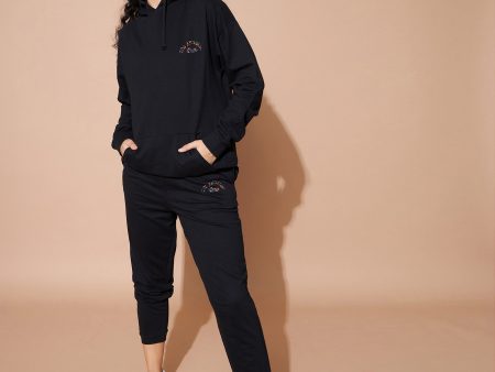 Lyush Women Black Embroidered Oversized Hoodie With Track Pants Hot on Sale