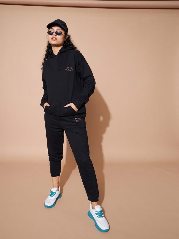 Lyush Women Black Embroidered Oversized Hoodie With Track Pants Hot on Sale