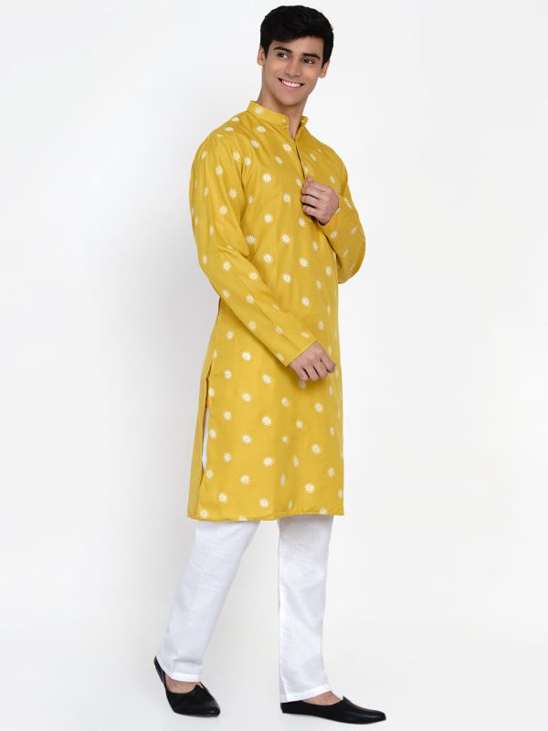 Men Mustard Yellow Embroidered Angrakha Kurta with Pyjamas - Bhama Hot on Sale