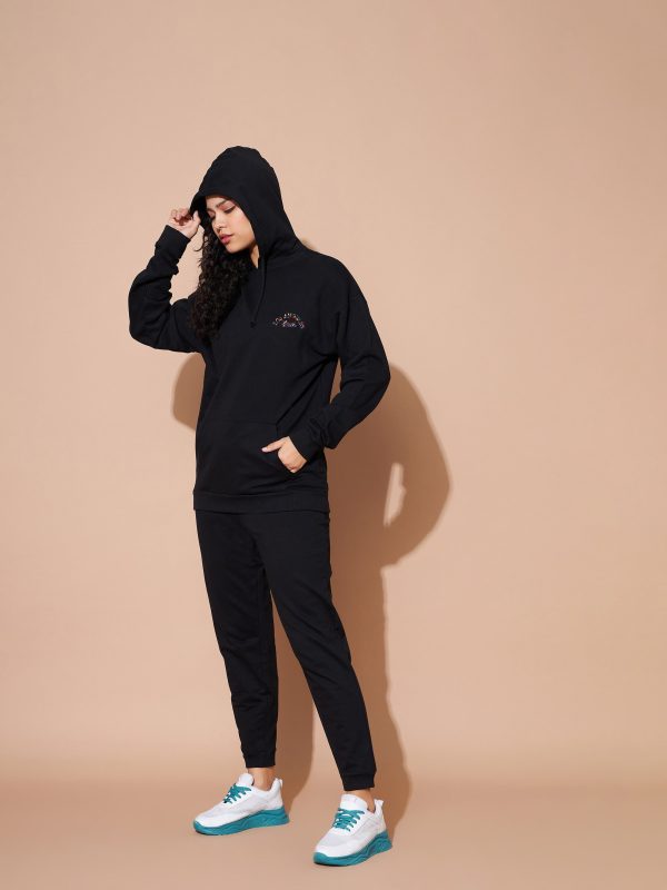 Lyush Women Black Embroidered Oversized Hoodie With Track Pants Hot on Sale