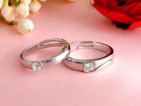 VOJ Stainless Steel Cubic Zirconia Silver Plated Adjustable Ring Set for Couple For Sale