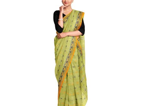 Exclusive Collection 100% Pure Cotton Light Green Tant Saree With Hand Weaving Work Cheap