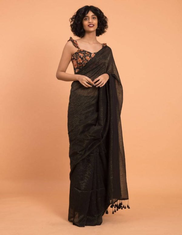 Suta Black Woven Zari Striped Pure Handloom Cotton Saree Online