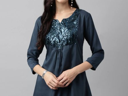 Teal Poly Cotton Yoke Sequence Embroidered A-line Top - Bosky Online Hot Sale