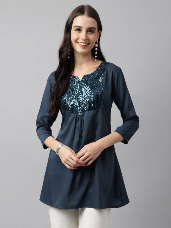 Teal Poly Cotton Yoke Sequence Embroidered A-line Top - Bosky Online Hot Sale