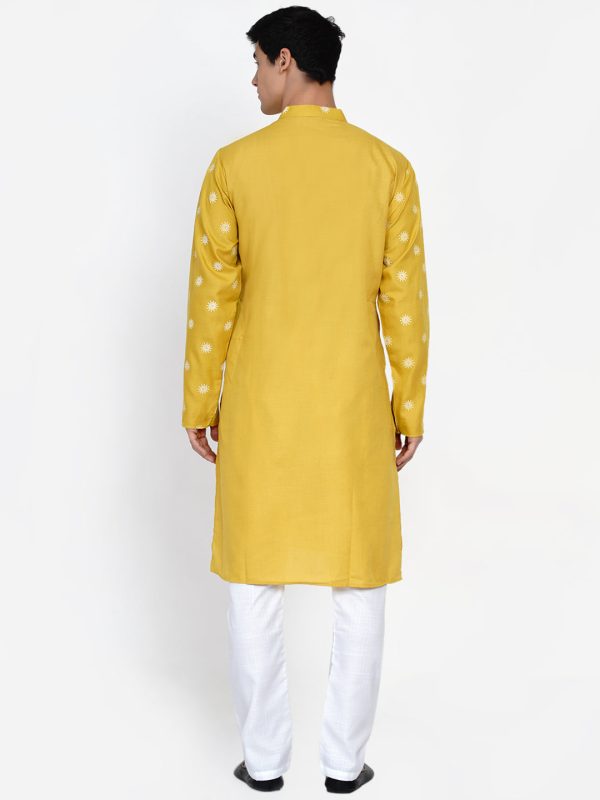 Men Mustard Yellow Embroidered Angrakha Kurta with Pyjamas - Bhama Hot on Sale