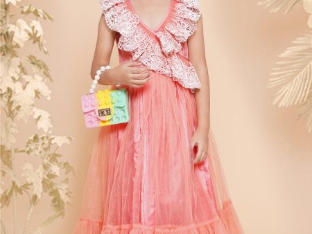 Girls Peach Net Embroidered Frill Gown for Kids - Bhama For Cheap