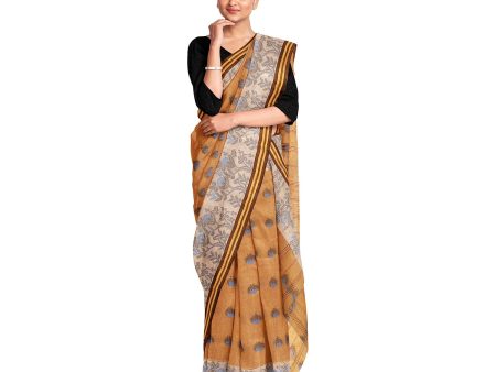 Exclusive Collection 100% Pure Cotton Biege Tant Saree With Hand Weaving Work Online