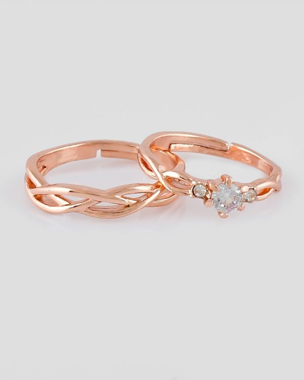 VOJ Stainless Steel Cubic Zirconia Rose Gold Plated Adjustable Ring Set for Couple Hot on Sale