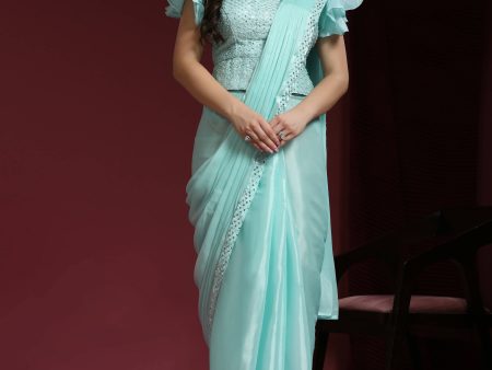 Light Blue Silk Satin Sequence Work Ready to Wear Saree with stitched Blouse - Nirvana Sale