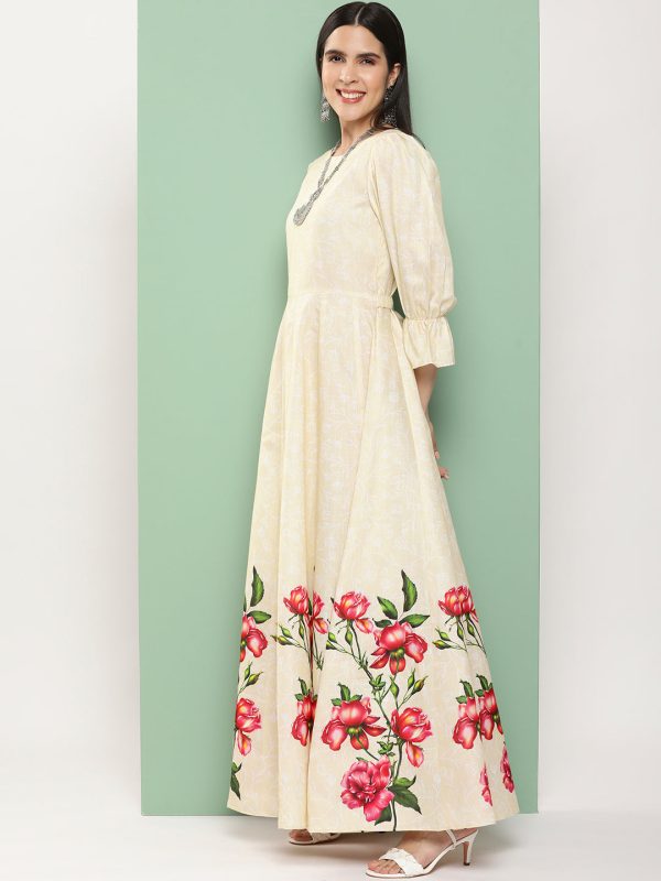 Women s Beige Printed Long Dress With Waist Belt - Bhama on Sale