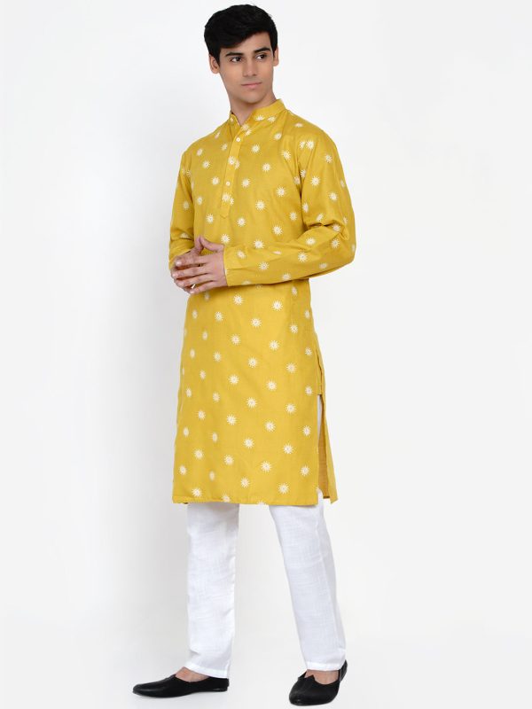 Men Mustard Yellow Embroidered Angrakha Kurta with Pyjamas - Bhama Hot on Sale